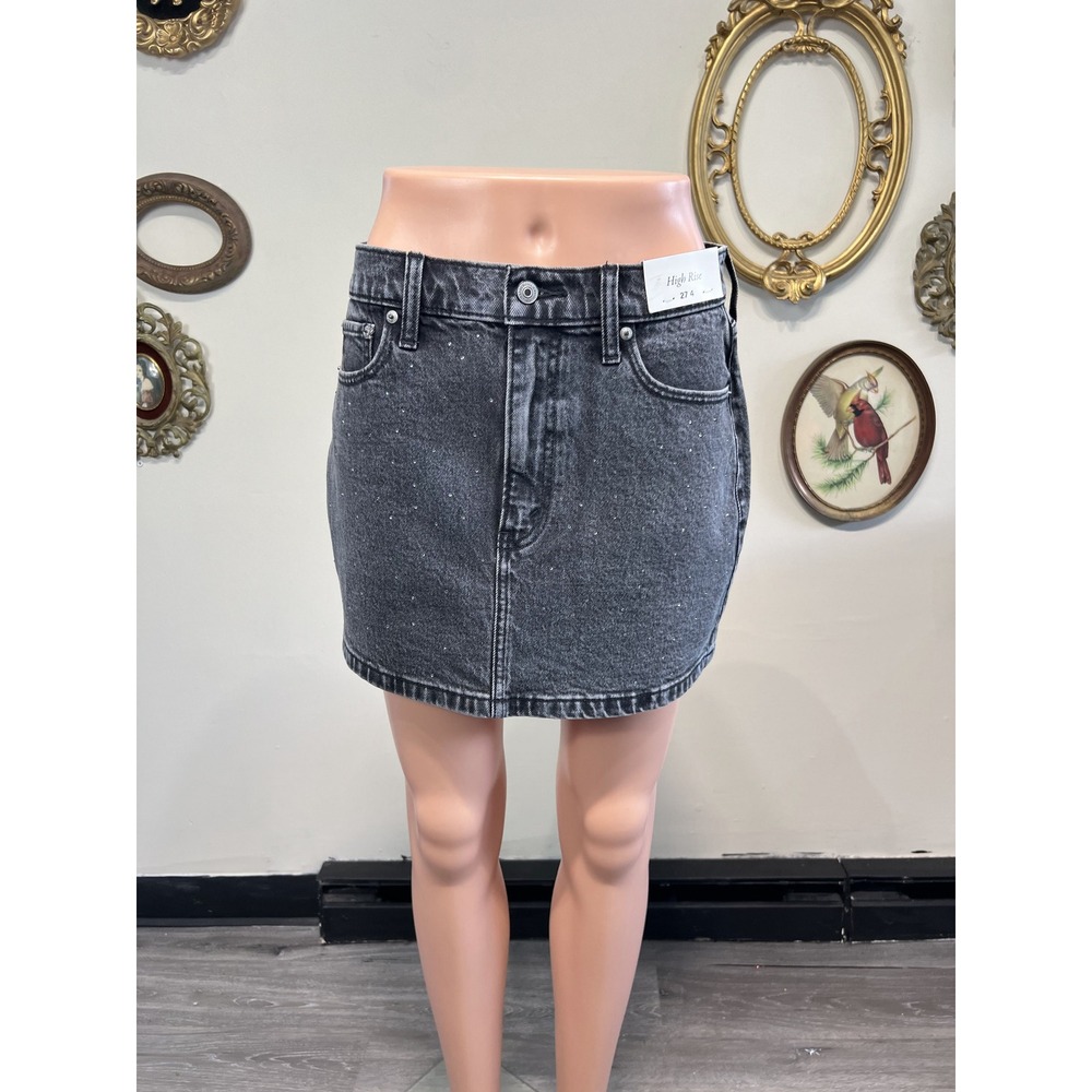 Abercrombie & Fitch High Rise Rhinestone Embellished Black Denim Skirt Size 27 - Picture 1 of 9